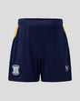 Navy blue Preston North End home shorts with yellow side panels and crest on the left leg