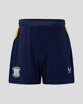 Navy blue Preston North End home shorts with yellow side panels and crest on the left leg