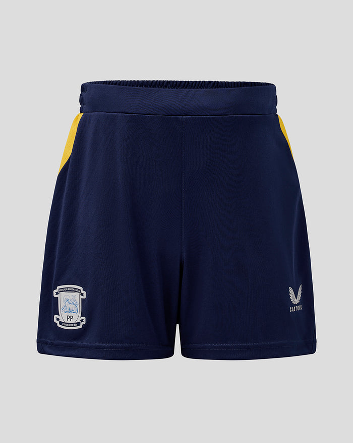 Navy blue Preston North End home shorts with yellow side panels and crest on the left leg