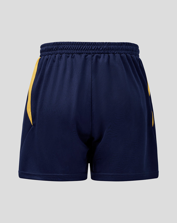 Back view of navy blue Preston North End home shorts with elastic waistband and yellow side panels