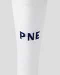 White Preston North End home sock with blue PNE lettering on the leg.