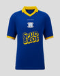 Sodalite blue junior away short sleeve shirt with yellow collar trim and Spud Bros logo on the chest.