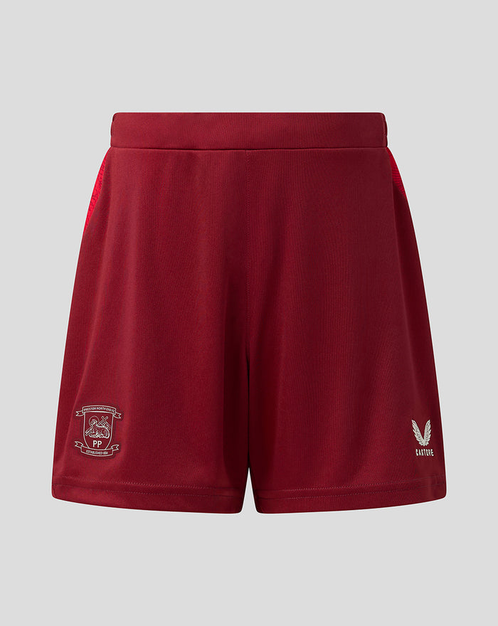 Back view of maroon PNE Junior 2026/27 Third Shorts with club crest on the left leg