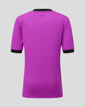 Back view of purple Preston North End junior home goalkeeper shirt with PNE initials at the neck.