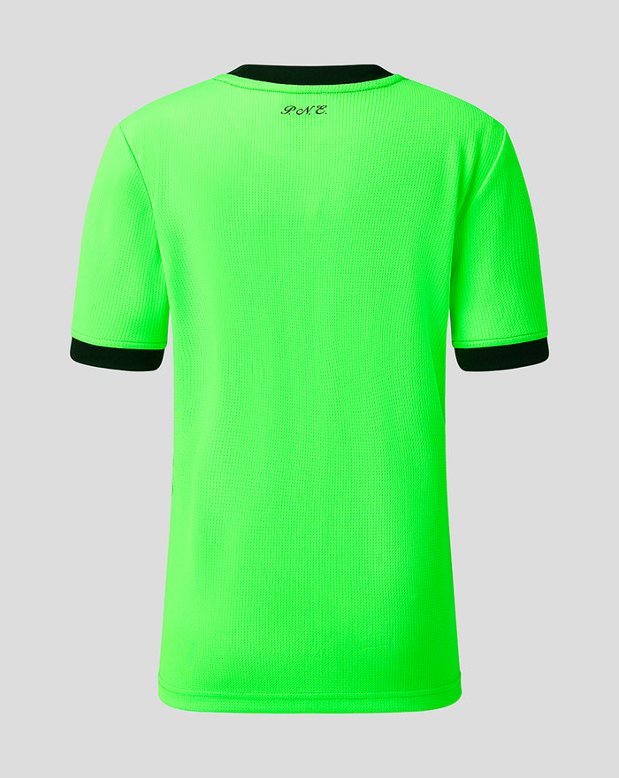 Back view of neon green goalkeeper jersey with black collar and PNE branding at neckline