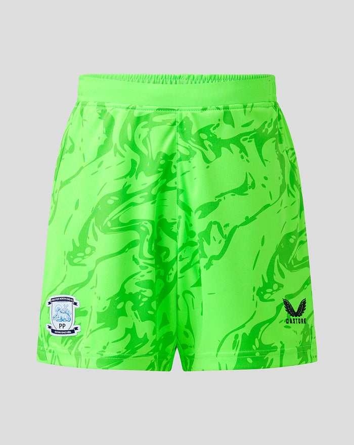 Front view of neon green junior goalkeeper shorts with an abstract pattern and club crest on the left leg.