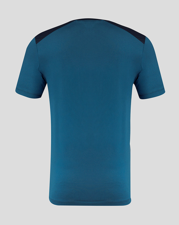 Back view of teal blue PNE training short sleeve tee with navy shoulder panels.