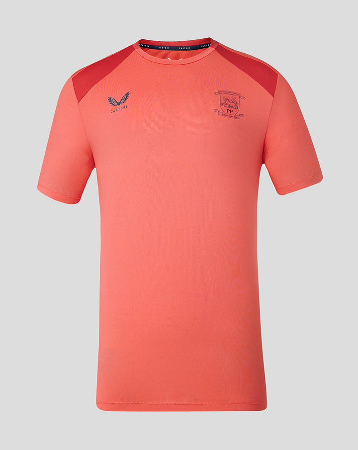 Front view of rose PNE training short sleeve tee with crest on the left chest and Castore branding.