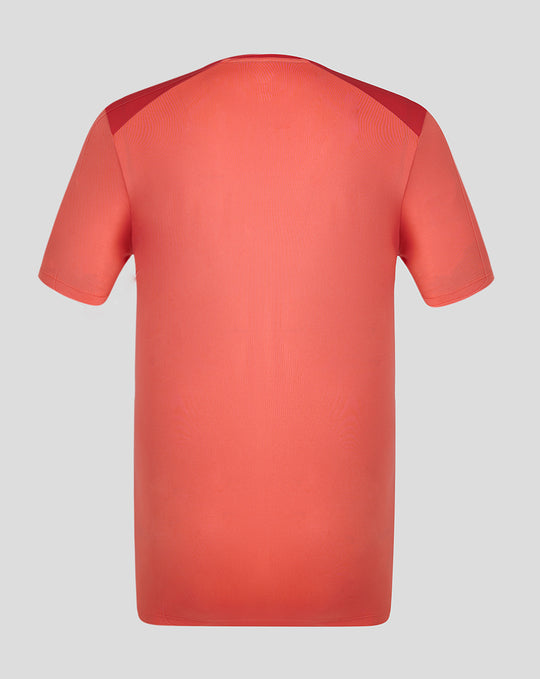 Back view of rose training short sleeve tee with dark shoulder panels.