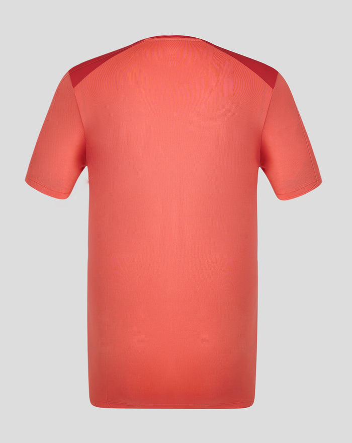 Back view of rose training short sleeve tee with dark shoulder panels.