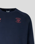 Navy crewneck fleece sweater with coral crest on the chest, part of Preston North End 26/27 Travel Adapt line.