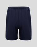 Back view of navy fleece shorts with elastic waistband and small coral crest near the hem.