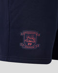 Navy Preston North End travel fleece shorts with coral club crest embroidery on the leg