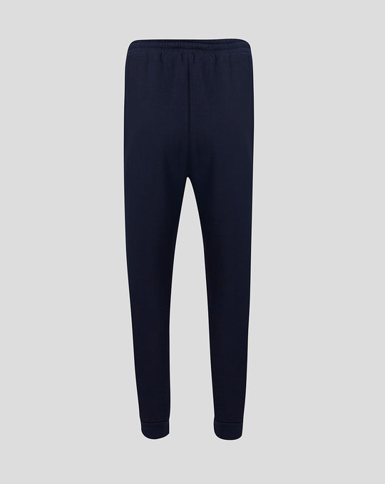 Back view of navy Travel Adapt fleece joggers with elastic waistband and tapered fit.