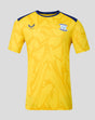 Yellow Preston North End matchday short sleeve T shirt with navy shoulder panels and club crest.