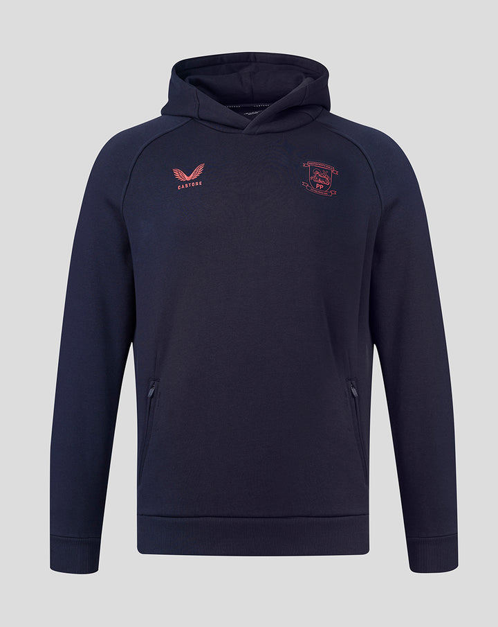 Navy Travel Adapt fleece hoodie with coral chest logos including club crest and Castore branding