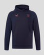 Navy Travel Adapt fleece hoodie with coral chest logos including club crest and Castore branding