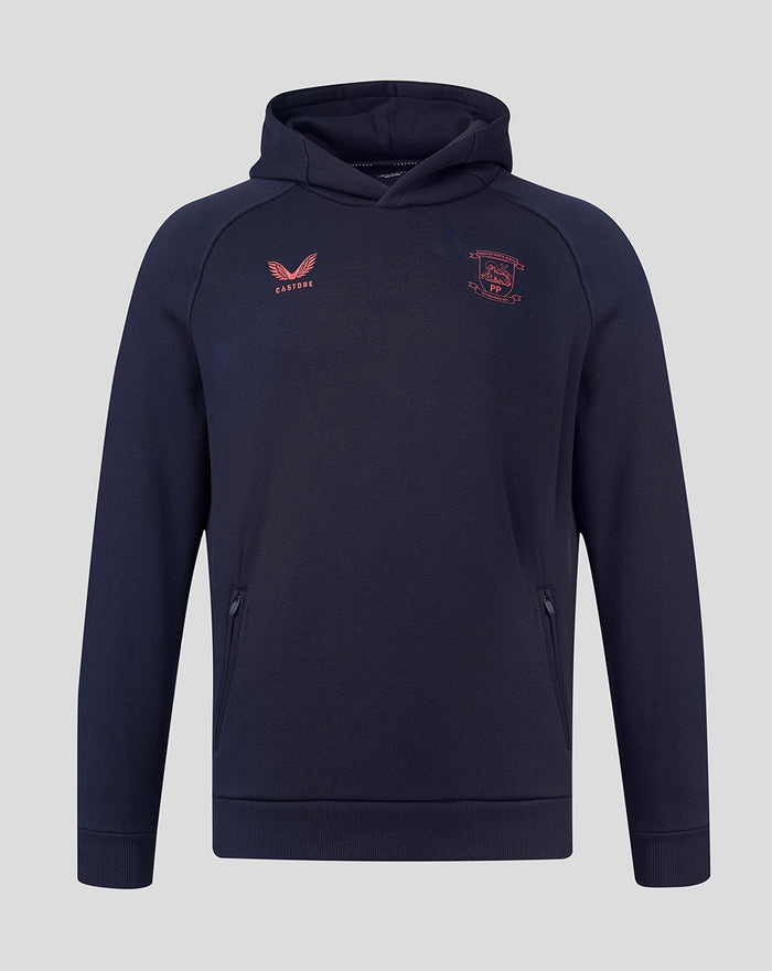Navy Travel Adapt fleece hoodie with coral chest logos including club crest and Castore branding