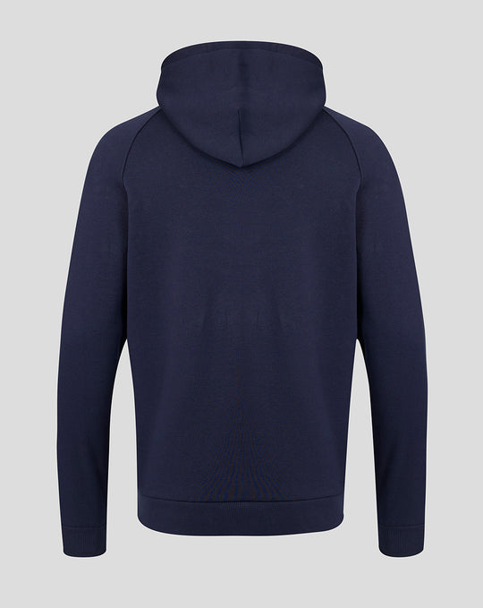 Back view of navy Travel Adapt fleece hoodie with attached hood and ribbed hem and cuffs