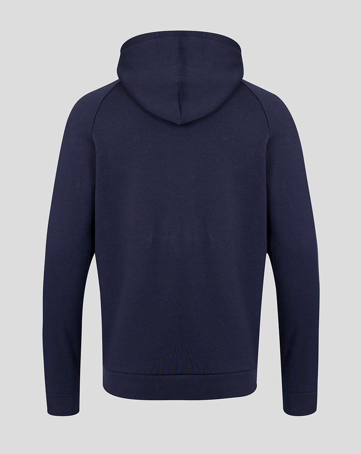 Back view of navy Travel Adapt fleece hoodie with attached hood and ribbed hem and cuffs