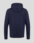 Back view of navy Travel Adapt fleece hoodie with attached hood and ribbed hem and cuffs