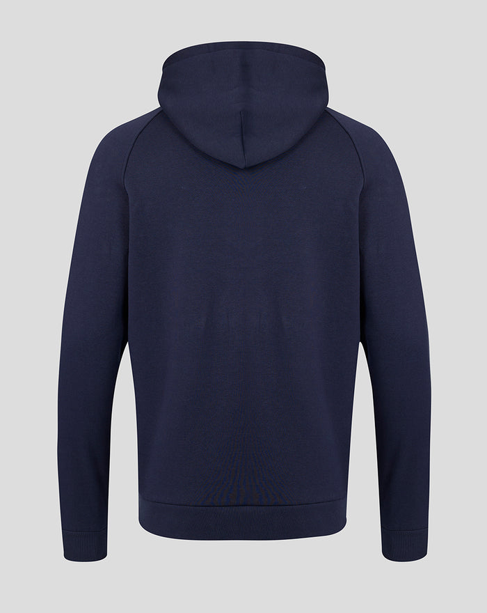 Back view of navy Travel Adapt fleece hoodie with attached hood and ribbed hem and cuffs