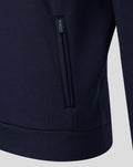Navy fleece hoodie close-up showing a zippered side pocket and ribbed hem.