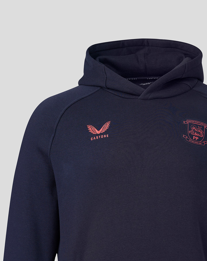 Navy Travel Adapt fleece hoodie with coral Castore logo and Preston North End crest on the chest.