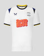 Front view of Preston North End 26/27 home shirt: white with blue shoulder panels, yellow trim, large Spud Bros sponsor, Castore logo, club crest.