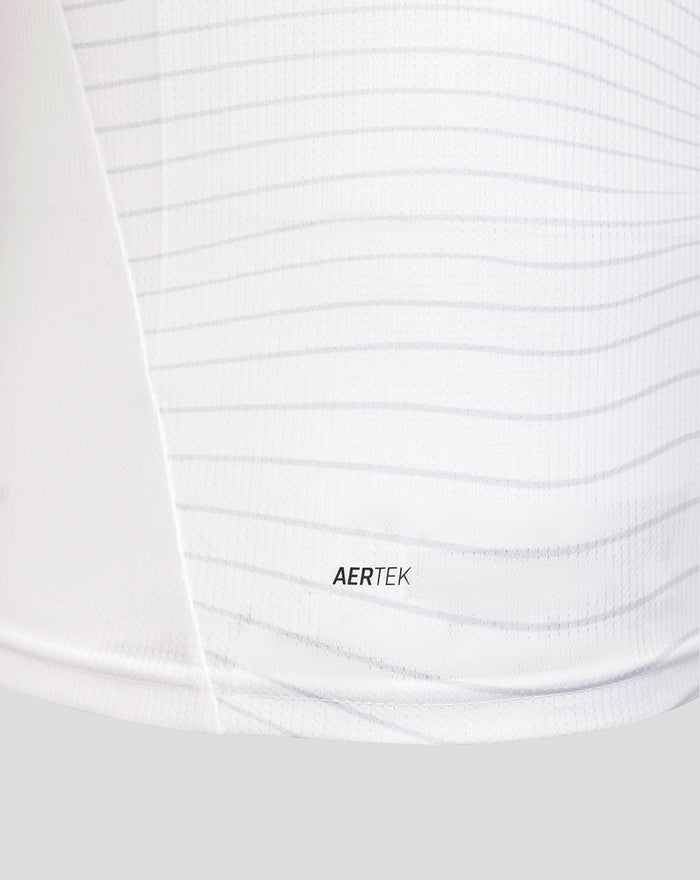 White Preston North End jersey fabric close up showing AERTEK branding and subtle texture lines