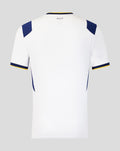 Back view of Preston North End home shirt in white with blue shoulder panels and yellow collar trim, PNE text at the neckline.
