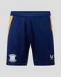 Front view of PNE 26/27 home shorts in beacon blue with yellow side panels, crest and Castore logo.