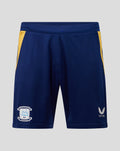 Front view of PNE 26/27 home shorts in beacon blue with yellow side panels, crest and Castore logo.