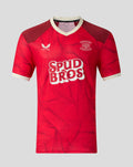 Red Preston North End third kit short sleeve shirt with Spud Bros sponsor and club crest