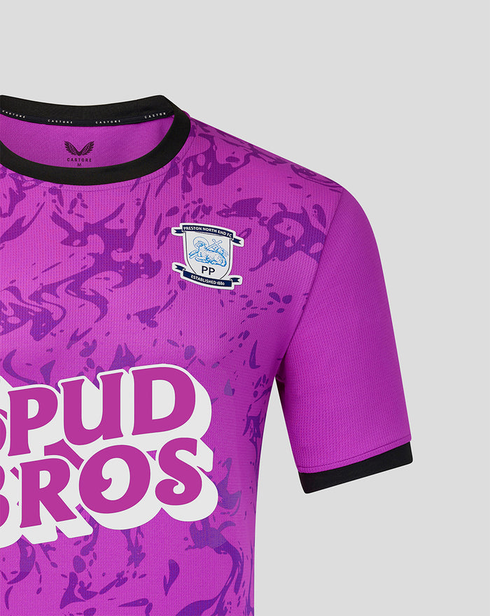 Purple Preston North End goalkeeper shirt with camouflage pattern, club crest on the chest and Spud Bros graphic across the front.