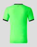 Back view of neon green Preston North End goalkeeper shirt showing PNE initials at the collar and black sleeve cuffs.