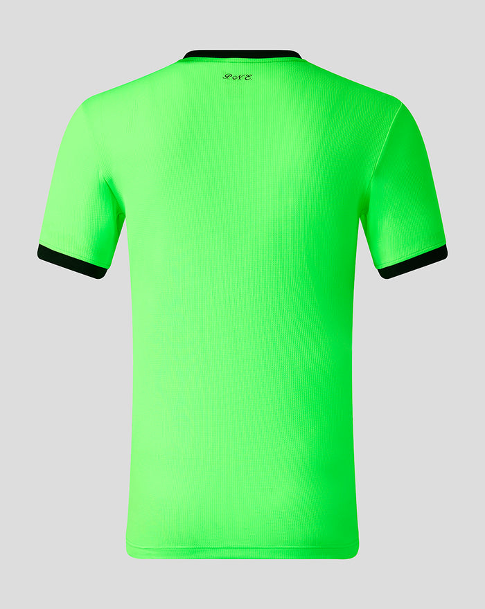 Back view of neon green Preston North End goalkeeper shirt showing PNE initials at the collar and black sleeve cuffs.