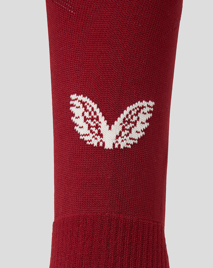 Close-up of white wing logo on burgundy PNE third sock knit.
