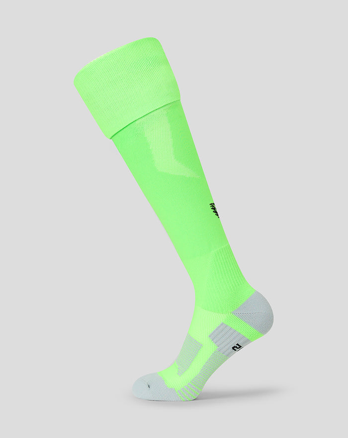Neon green unisex goalkeeper sock with padded gray foot and small black logo.