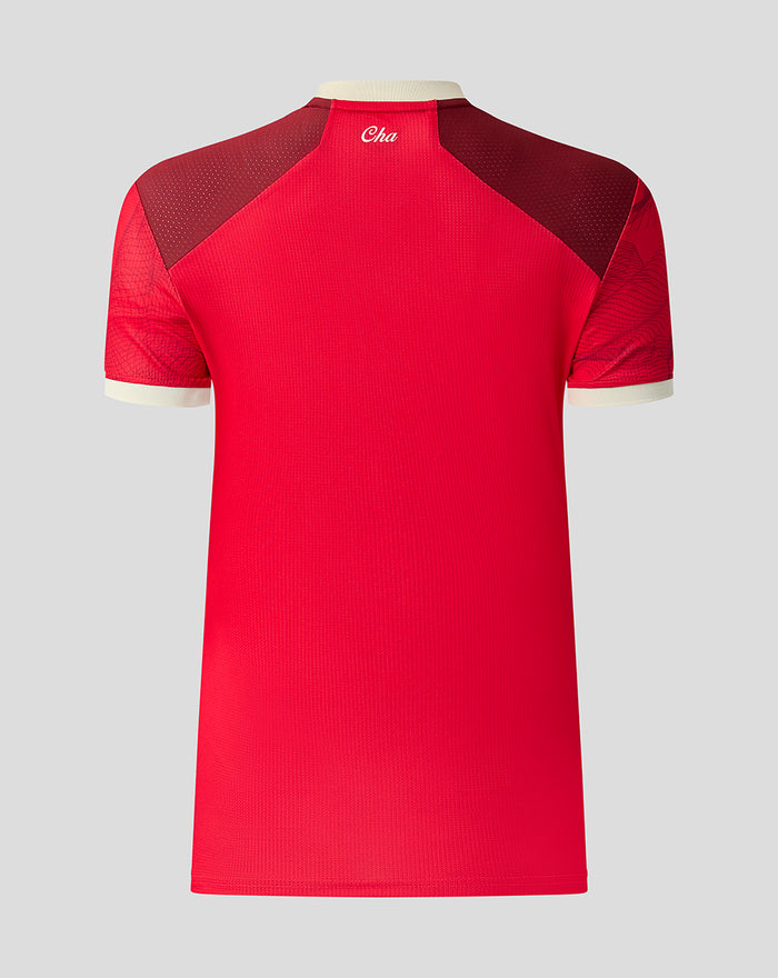 Back view of red PNE womens third short sleeve shirt with cream collar trim
