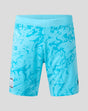 Front view of teal away goalkeeper shorts with blue abstract print and elastic waistband.