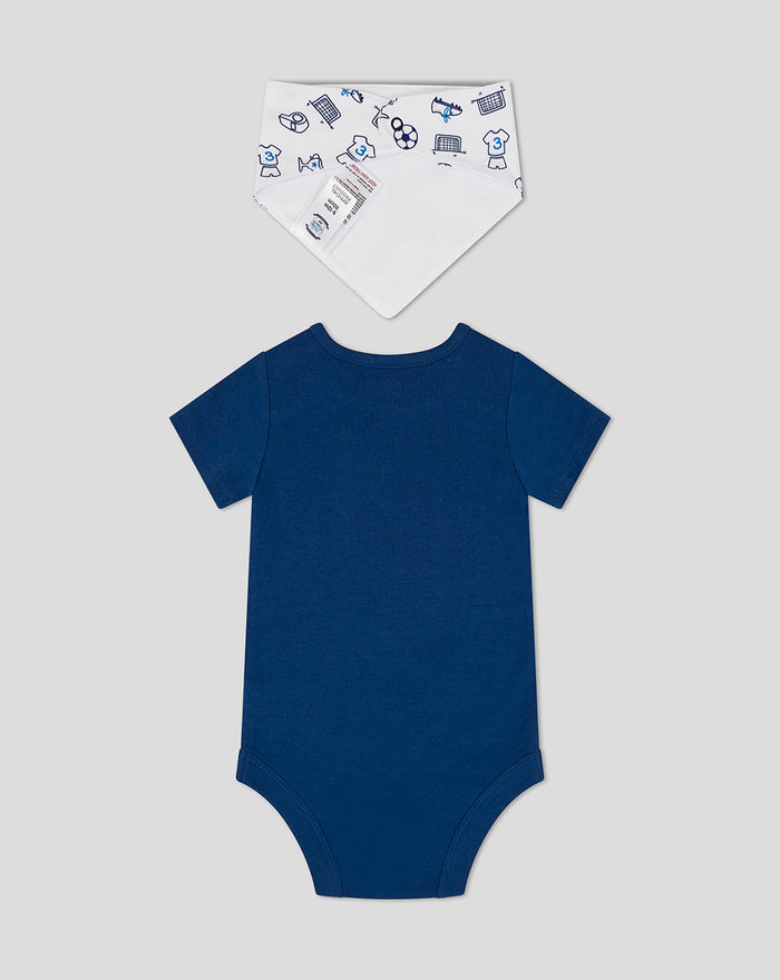 White baby bib with blue sports icons above a navy short sleeve bodysuit from Baby Core Gift Set 2