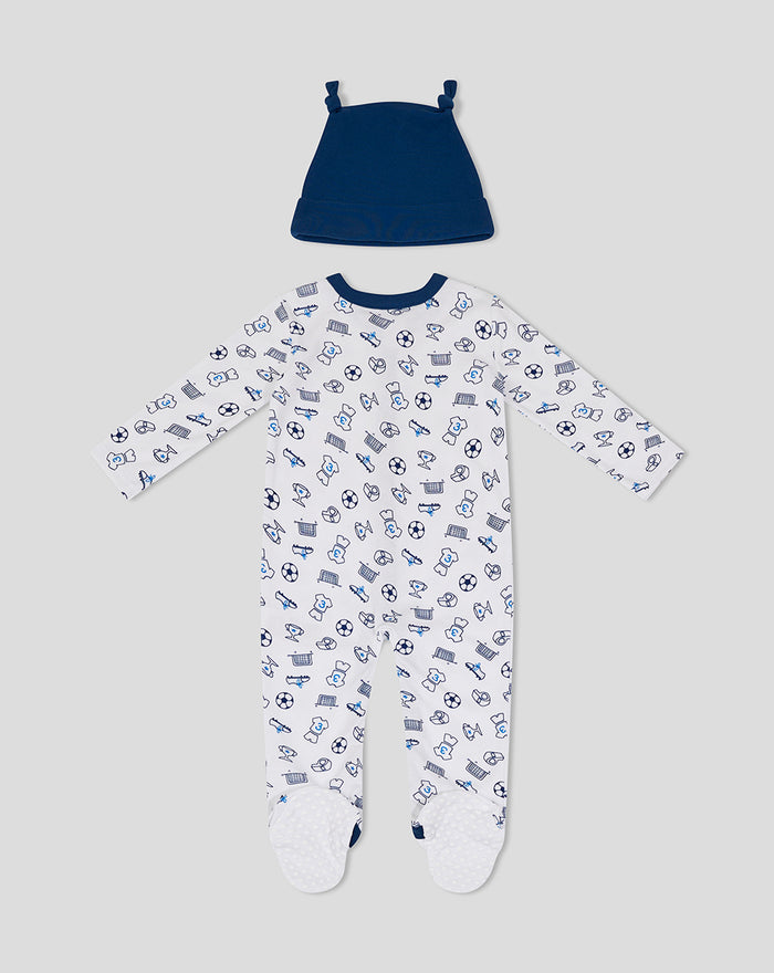 Navy hat with white long sleeve footed romper featuring blue sports icons from the Baby Core Gift Set 1