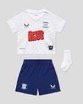 White baby home kit with geometric pattern, Castore logo left chest and club crest right, SPUD BROS on front.