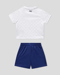 Back view of a white baby kit top with PNE branding at the neck and blue shorts.