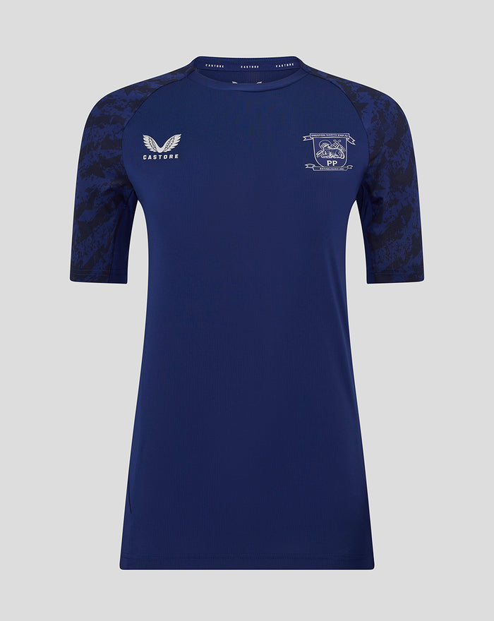 Front view of navy training short sleeve tee with camo sleeves, Castore logo and club crest on the chest.