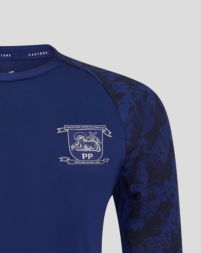 Blue women's training short sleeve tee with club crest on the chest and Castore branding.