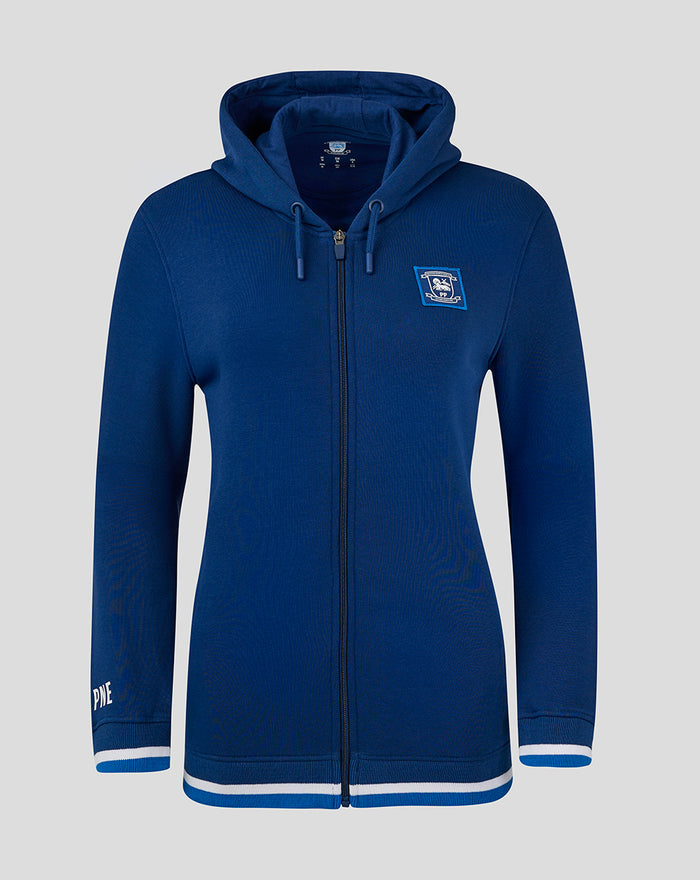 Navy women's full zip hoodie with hood zip front crest patch on left chest and striped rib cuffs.