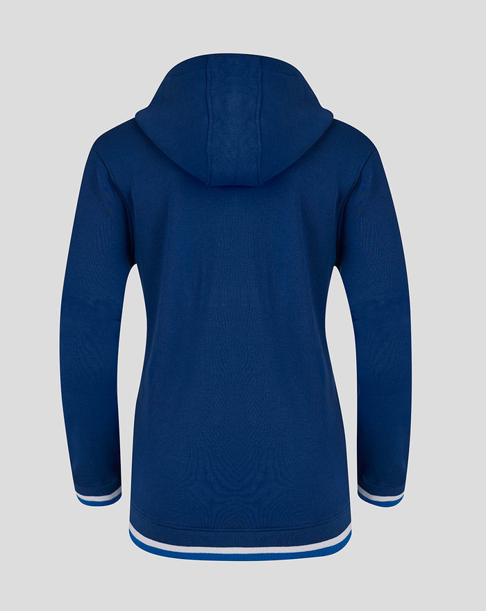 Back view of navy full zip hoodie with hood and striped hem.