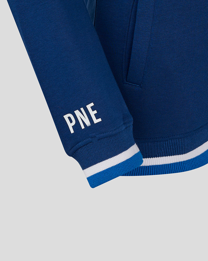 Detail of navy hoodie sleeve with PNE lettering and white and blue striped cuff.